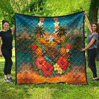 Hawaiian Turtles on Beach Quilt with Pineapple Tropical Plant and Lei