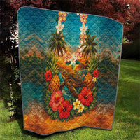 Hawaiian Turtles on Beach Quilt with Pineapple Tropical Plant and Lei