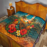 Hawaiian Turtles on Beach Quilt with Pineapple Tropical Plant and Lei