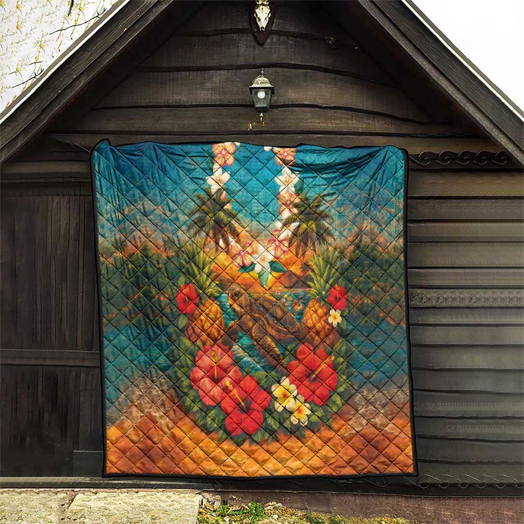 Hawaiian Turtles on Beach Quilt with Pineapple Tropical Plant and Lei