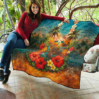 Hawaiian Turtles on Beach Quilt with Pineapple Tropical Plant and Lei