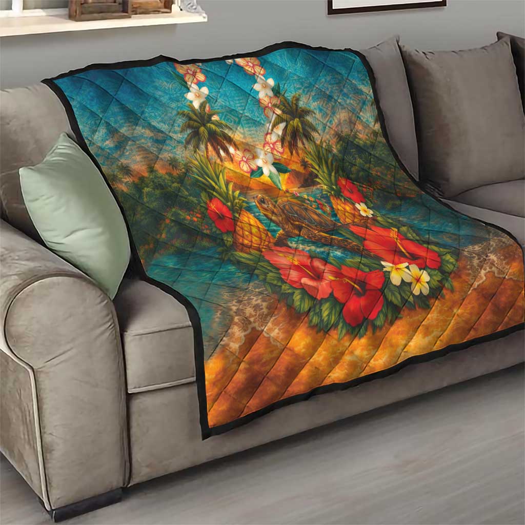 Hawaiian Turtles on Beach Quilt with Pineapple Tropical Plant and Lei