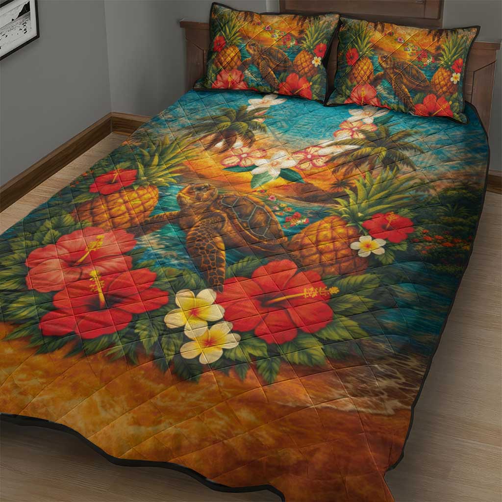 Hawaiian Turtles on Beach Quilt Bed Set with Pineapple Tropical Plant and Lei
