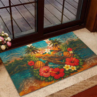 Hawaiian Turtles on Beach Rubber Doormat with Pineapple Tropical Plant and Lei