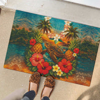Hawaiian Turtles on Beach Rubber Doormat with Pineapple Tropical Plant and Lei