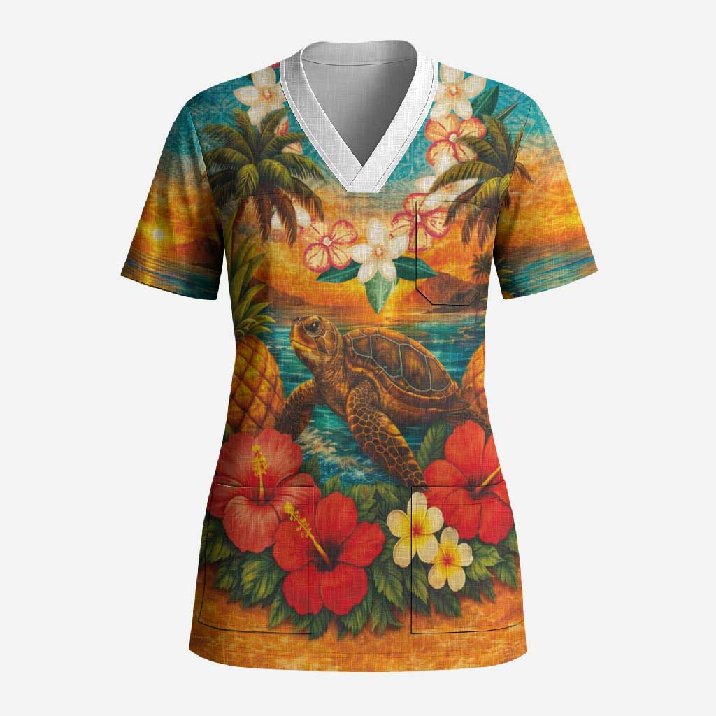 Hawaiian Turtles on Beach Scrub Top with Pineapple Tropical Plant and Lei
