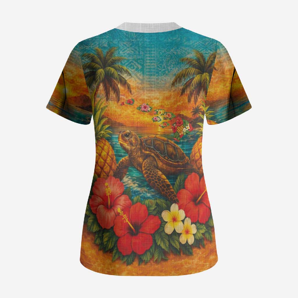 Hawaiian Turtles on Beach Scrub Top with Pineapple Tropical Plant and Lei