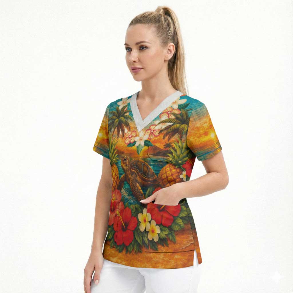 Hawaiian Turtles on Beach Scrub Top with Pineapple Tropical Plant and Lei