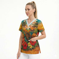 Hawaiian Turtles on Beach Scrub Top with Pineapple Tropical Plant and Lei