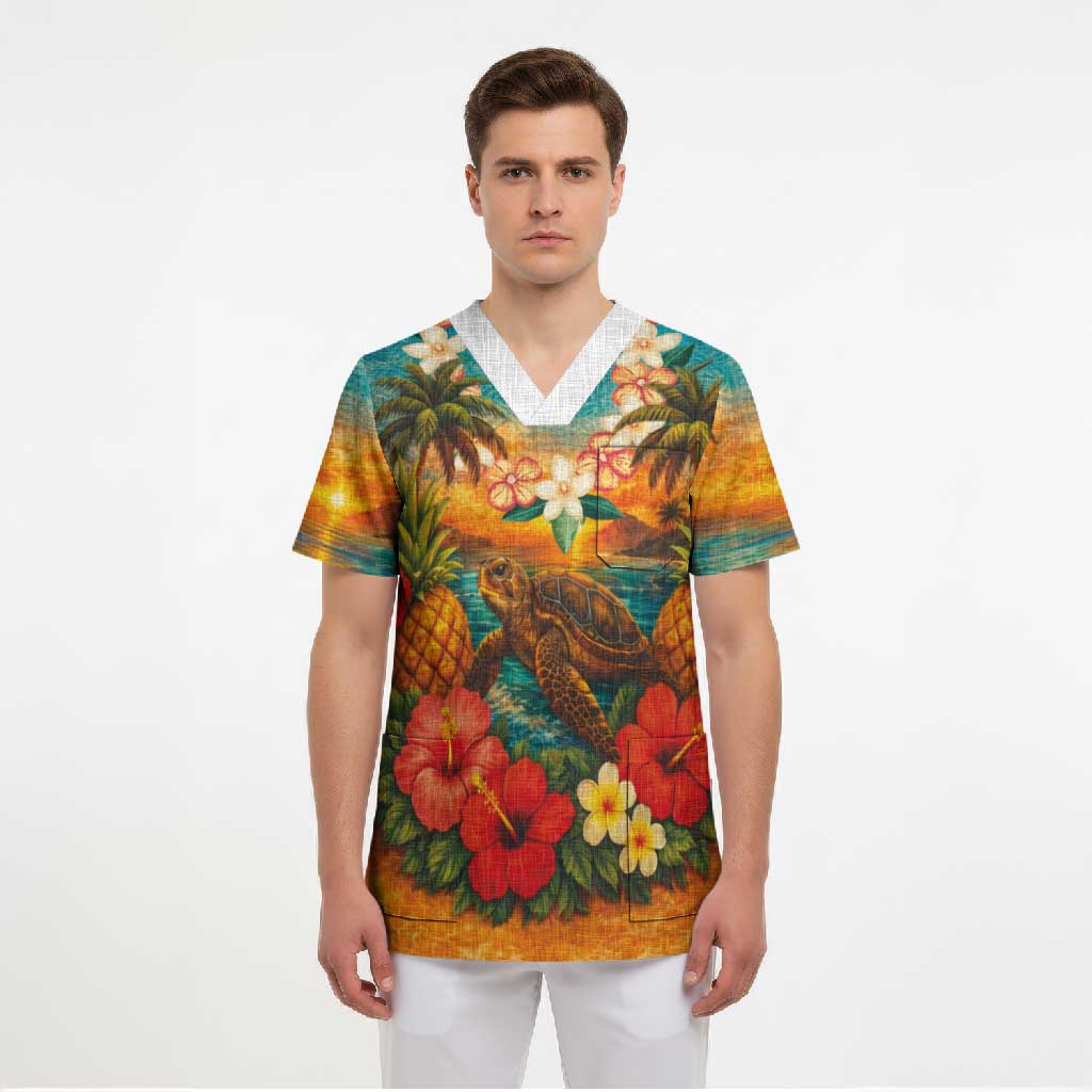 Hawaiian Turtles on Beach Scrub Top with Pineapple Tropical Plant and Lei