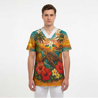 Hawaiian Turtles on Beach Scrub Top with Pineapple Tropical Plant and Lei