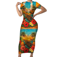 Hawaiian Turtles on Beach Short Sleeve Bodycon Dress with Pineapple Tropical Plant and Lei LT03 Long Dress Multicolor - Polynesian Pride