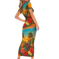 Hawaiian Turtles on Beach Short Sleeve Bodycon Dress with Pineapple Tropical Plant and Lei LT03 - Polynesian Pride