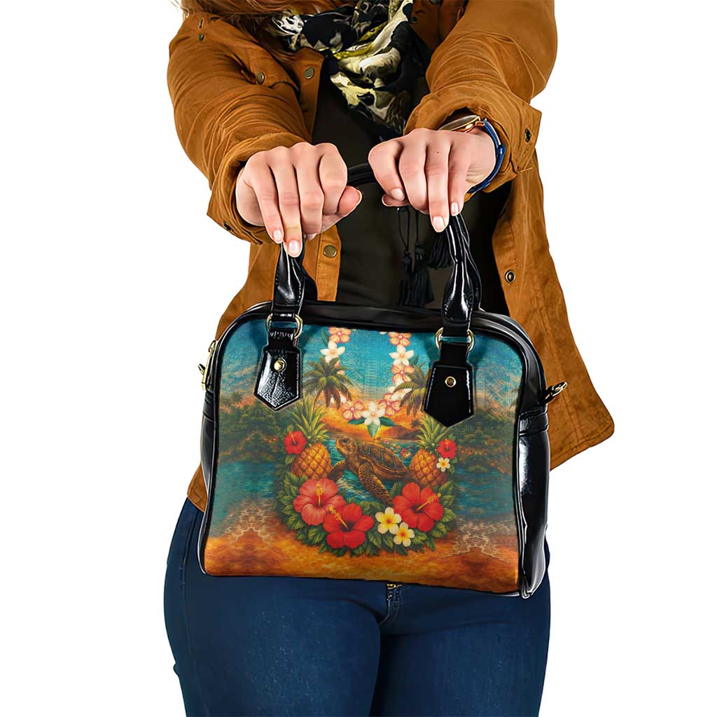 Hawaiian Turtles on Beach Shoulder Handbag with Pineapple Tropical Plant and Lei
