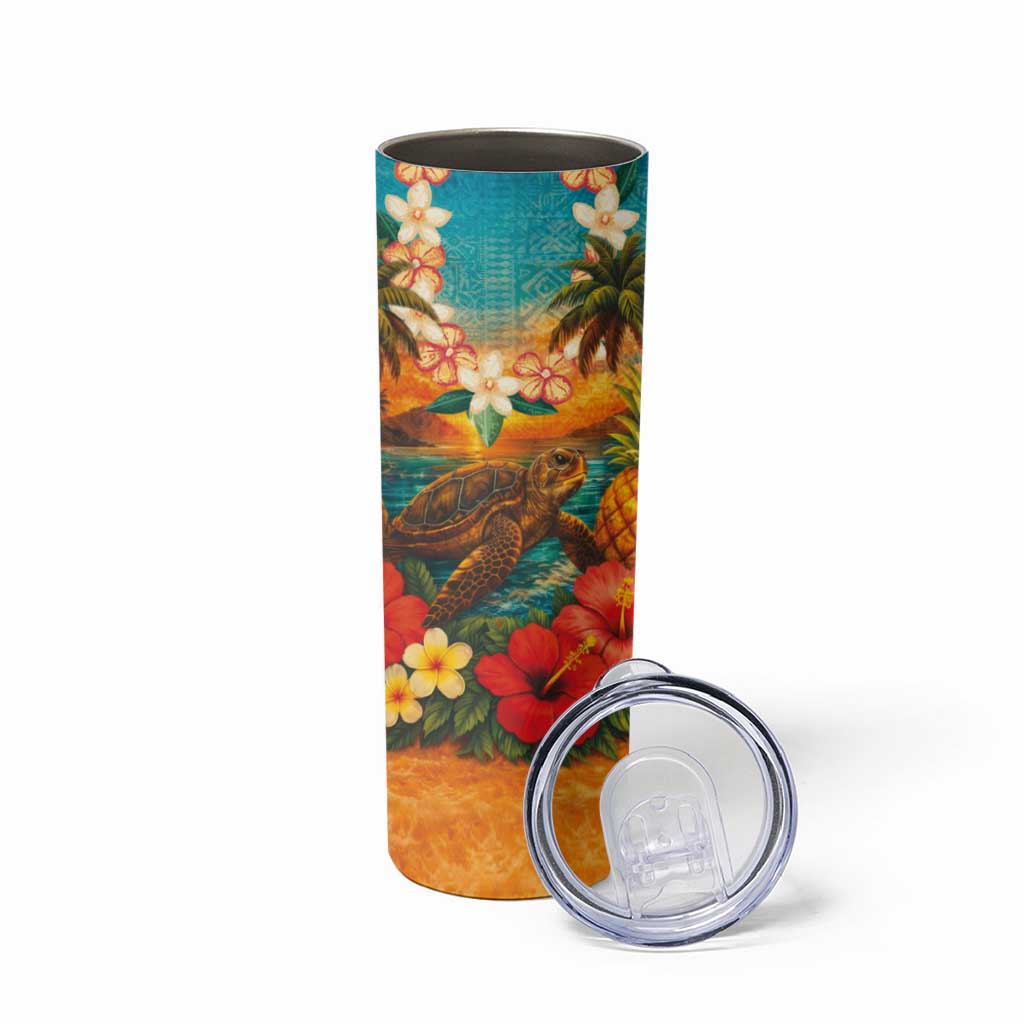 Hawaiian Turtles on Beach Skinny Tumbler with Pineapple Tropical Plant and Lei LT03 - Polynesian Pride