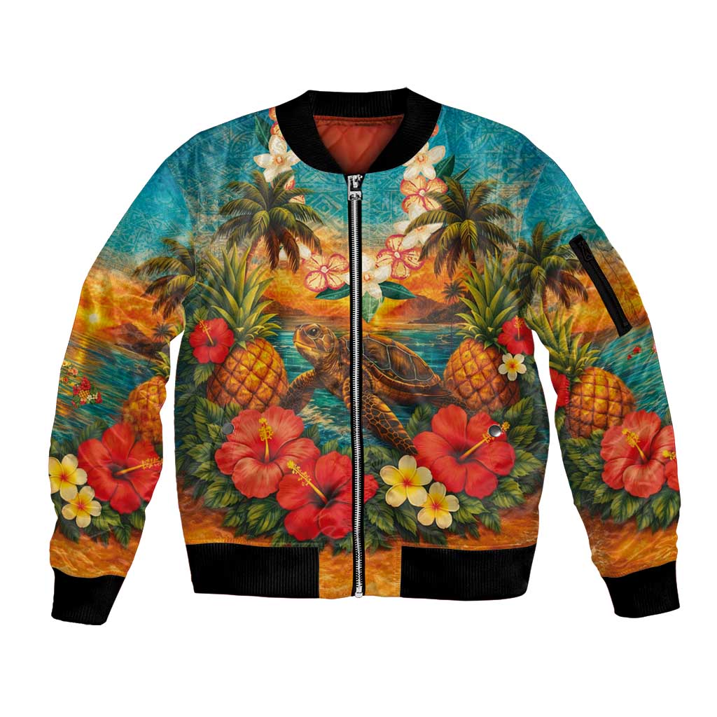Hawaiian Turtles on Beach Sleeve Zip Bomber Jacket with Pineapple Tropical Plant and Lei