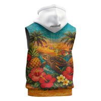 Hawaiian Turtles on Beach Sleeveless Hoodie with Pineapple Tropical Plant and Lei