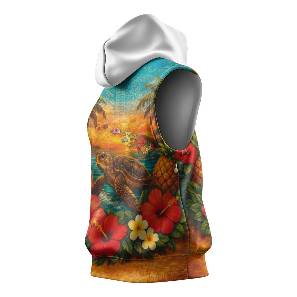 Hawaiian Turtles on Beach Sleeveless Hoodie with Pineapple Tropical Plant and Lei