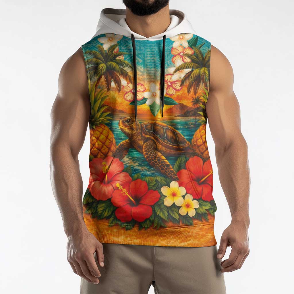 Hawaiian Turtles on Beach Sleeveless Hoodie with Pineapple Tropical Plant and Lei