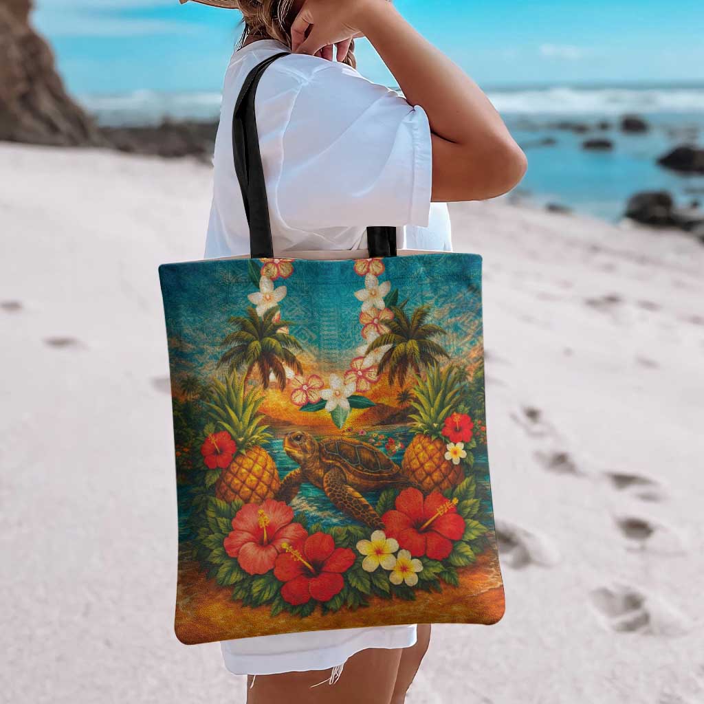 Hawaiian Turtles on Beach Tote Bag with Pineapple Tropical Plant and Lei