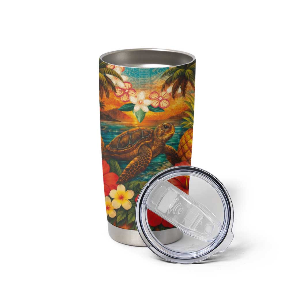 Hawaiian Turtles on Beach Tumbler Cup with Pineapple Tropical Plant and Lei LT03 - Polynesian Pride