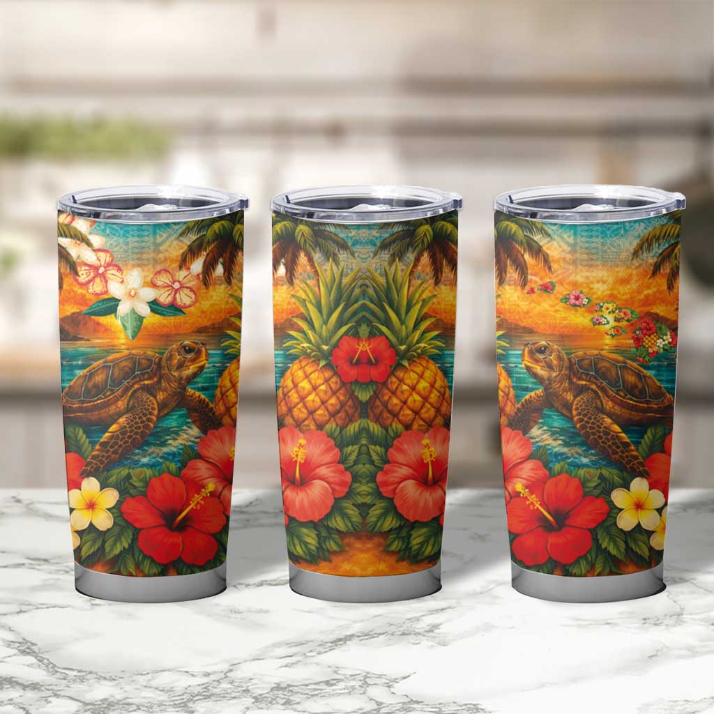 Hawaiian Turtles on Beach Tumbler Cup with Pineapple Tropical Plant and Lei LT03 - Polynesian Pride
