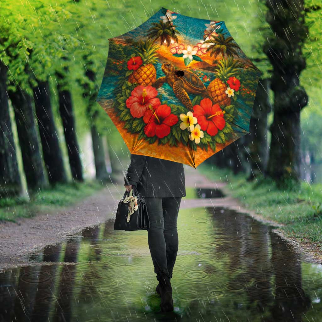 Hawaiian Turtles on Beach Umbrella with Pineapple Tropical Plant and Lei