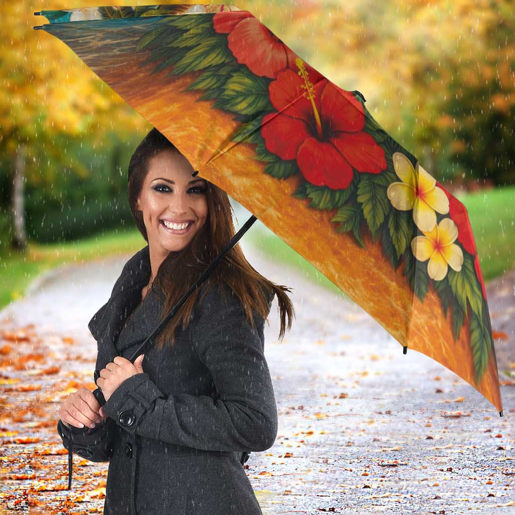 Hawaiian Turtles on Beach Umbrella with Pineapple Tropical Plant and Lei