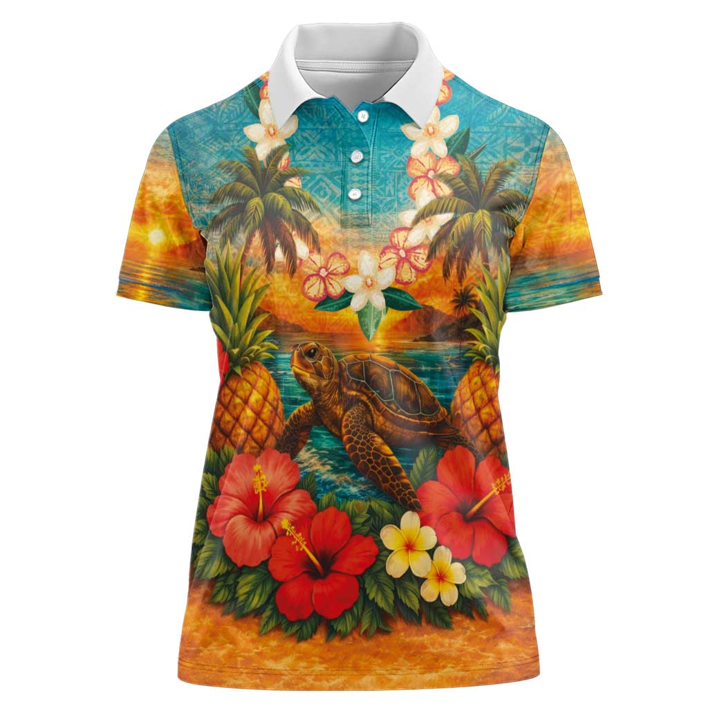 Hawaiian Turtles on Beach Women Polo Shirt with Pineapple Tropical Plant and Lei LT03 Female Multicolor - Polynesian Pride