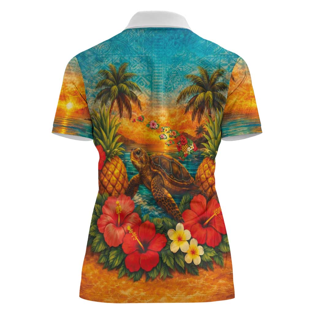 Hawaiian Turtles on Beach Women Polo Shirt with Pineapple Tropical Plant and Lei LT03 - Polynesian Pride