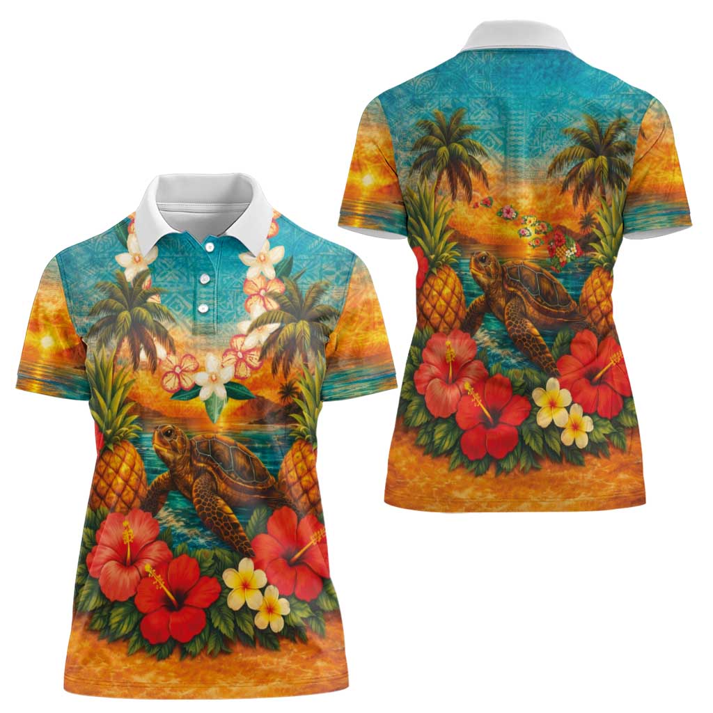 Hawaiian Turtles on Beach Women Polo Shirt with Pineapple Tropical Plant and Lei LT03 - Polynesian Pride