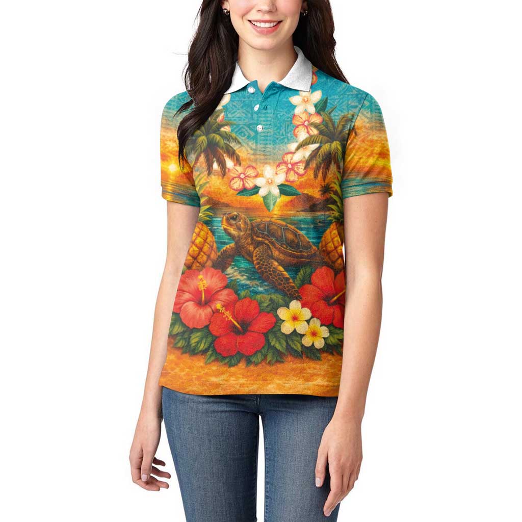 Hawaiian Turtles on Beach Women Polo Shirt with Pineapple Tropical Plant and Lei LT03 - Polynesian Pride