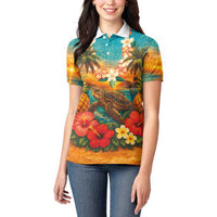 Hawaiian Turtles on Beach Women Polo Shirt with Pineapple Tropical Plant and Lei LT03 - Polynesian Pride