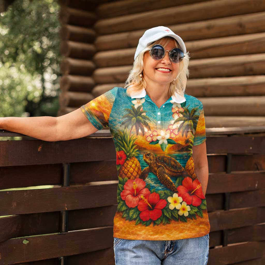 Hawaiian Turtles on Beach Women Polo Shirt with Pineapple Tropical Plant and Lei LT03 - Polynesian Pride