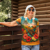 Hawaiian Turtles on Beach Women Polo Shirt with Pineapple Tropical Plant and Lei LT03 - Polynesian Pride