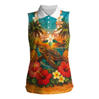 Hawaiian Turtles on Beach Women Sleeveless Polo Shirt with Pineapple Tropical Plant and Lei LT03 Female Multicolor - Polynesian Pride