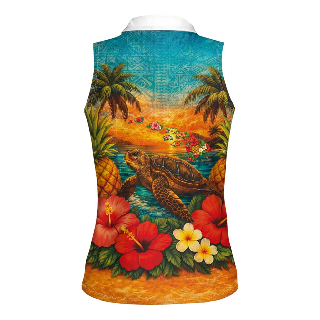 Hawaiian Turtles on Beach Women Sleeveless Polo Shirt with Pineapple Tropical Plant and Lei LT03 - Polynesian Pride
