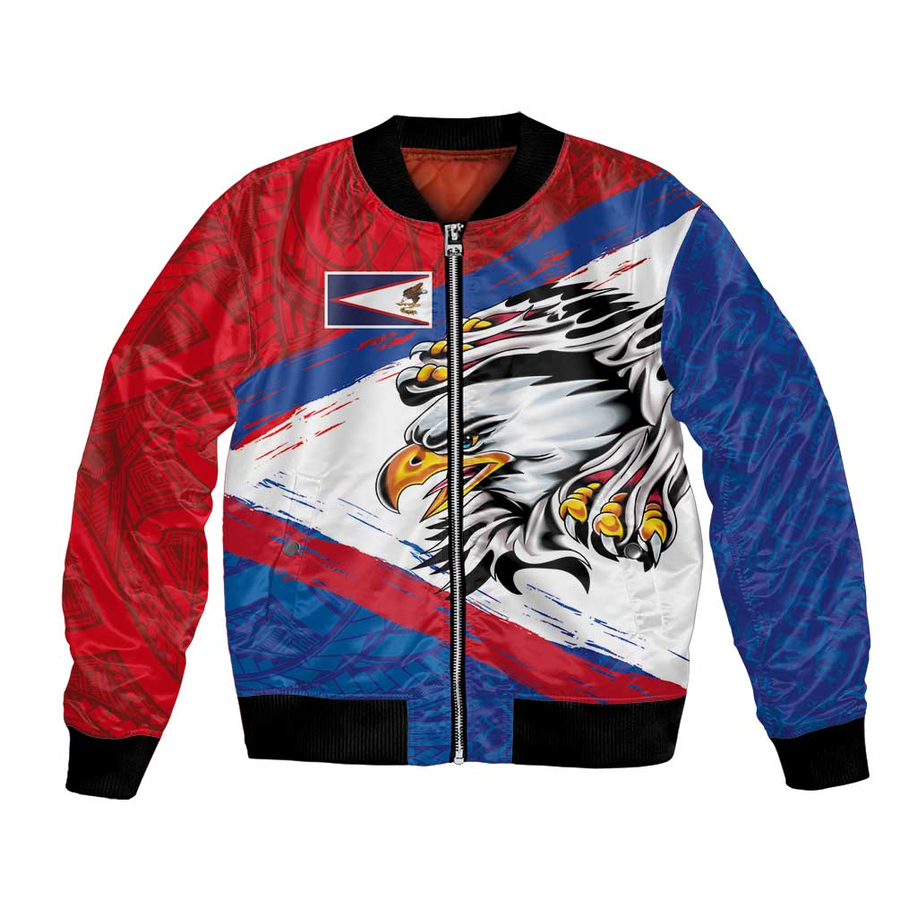 American Samoa Flag Day Bomber Jacket Polynesian Art Geometric with Flag Brush Style