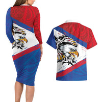 American Samoa Flag Day Couples Matching Long Sleeve Bodycon Dress and Hawaiian Shirt Polynesian Art Geometric with Flag Brush Style LT03 - Polynesian Pride