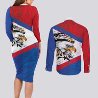 American Samoa Flag Day Couples Matching Long Sleeve Bodycon Dress and Long Sleeve Button Shirt Polynesian Art Geometric with Flag Brush Style LT03 - Polynesian Pride