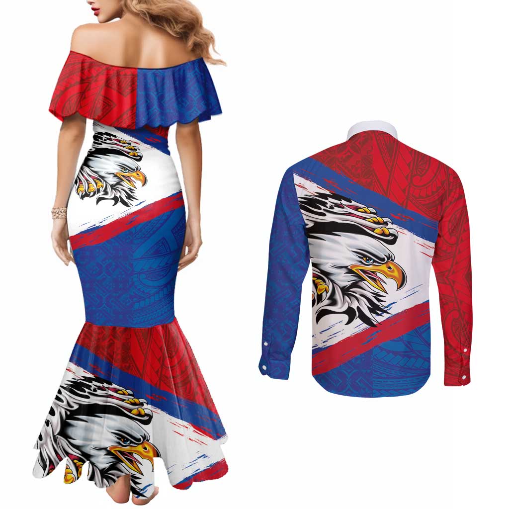 American Samoa Flag Day Couples Matching Mermaid Dress and Long Sleeve Button Shirt Polynesian Art Geometric with Flag Brush Style LT03 - Polynesian Pride