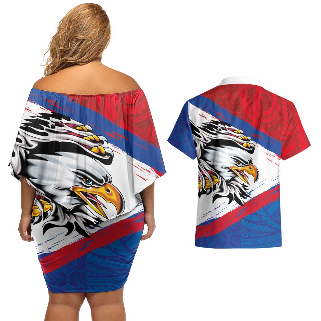American Samoa Flag Day Couples Matching Off Shoulder Short Dress and Hawaiian Shirt Polynesian Art Geometric with Flag Brush Style LT03 - Polynesian Pride