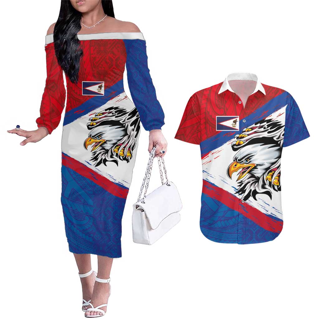American Samoa Flag Day Couples Matching Off The Shoulder Long Sleeve Dress and Hawaiian Shirt Polynesian Art Geometric with Flag Brush Style LT03 Multicolor - Polynesian Pride