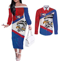 American Samoa Flag Day Couples Matching Off The Shoulder Long Sleeve Dress and Long Sleeve Button Shirt Polynesian Art Geometric with Flag Brush Style LT03 Multicolor - Polynesian Pride