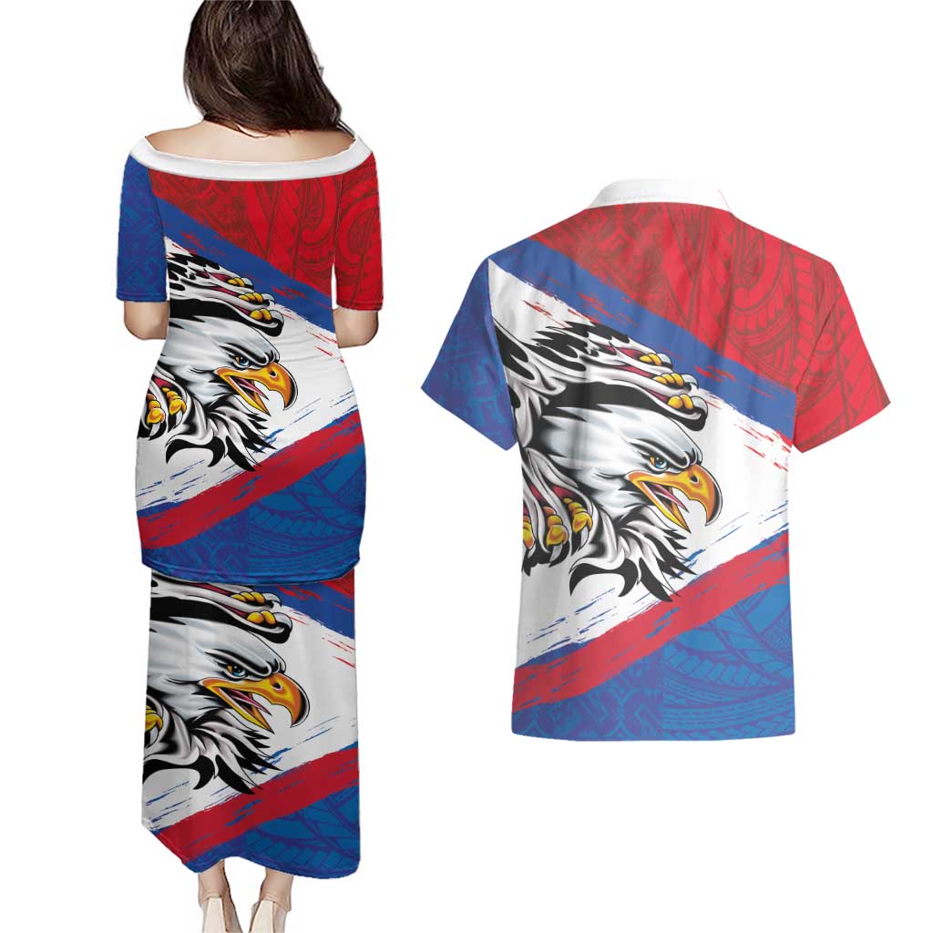 American Samoa Flag Day Couples Matching Puletasi and Hawaiian Shirt Polynesian Art Geometric with Flag Brush Style LT03 - Polynesian Pride