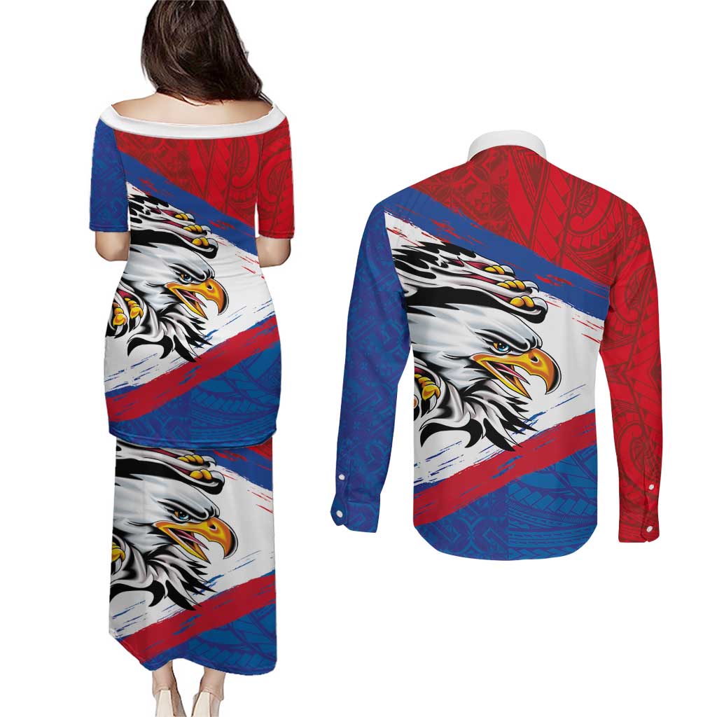 American Samoa Flag Day Couples Matching Puletasi and Long Sleeve Button Shirt Polynesian Art Geometric with Flag Brush Style