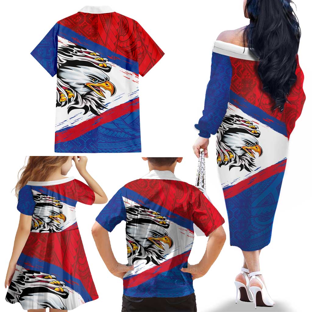 American Samoa Flag Day Family Matching Off The Shoulder Long Sleeve Dress and Hawaiian Shirt Polynesian Art Geometric with Flag Brush Style LT03 - Polynesian Pride