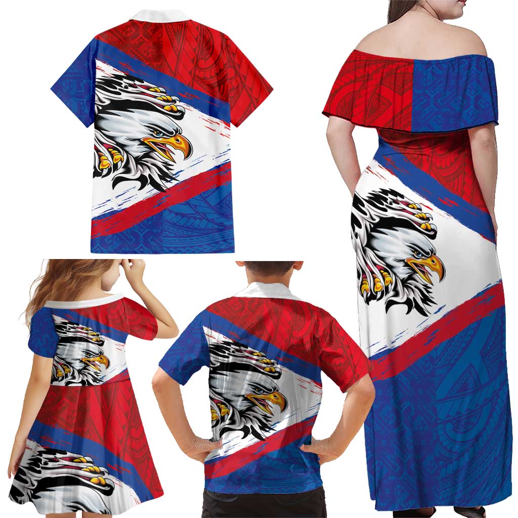American Samoa Flag Day Family Matching Off Shoulder Maxi Dress and Hawaiian Shirt Polynesian Art Geometric with Flag Brush Style