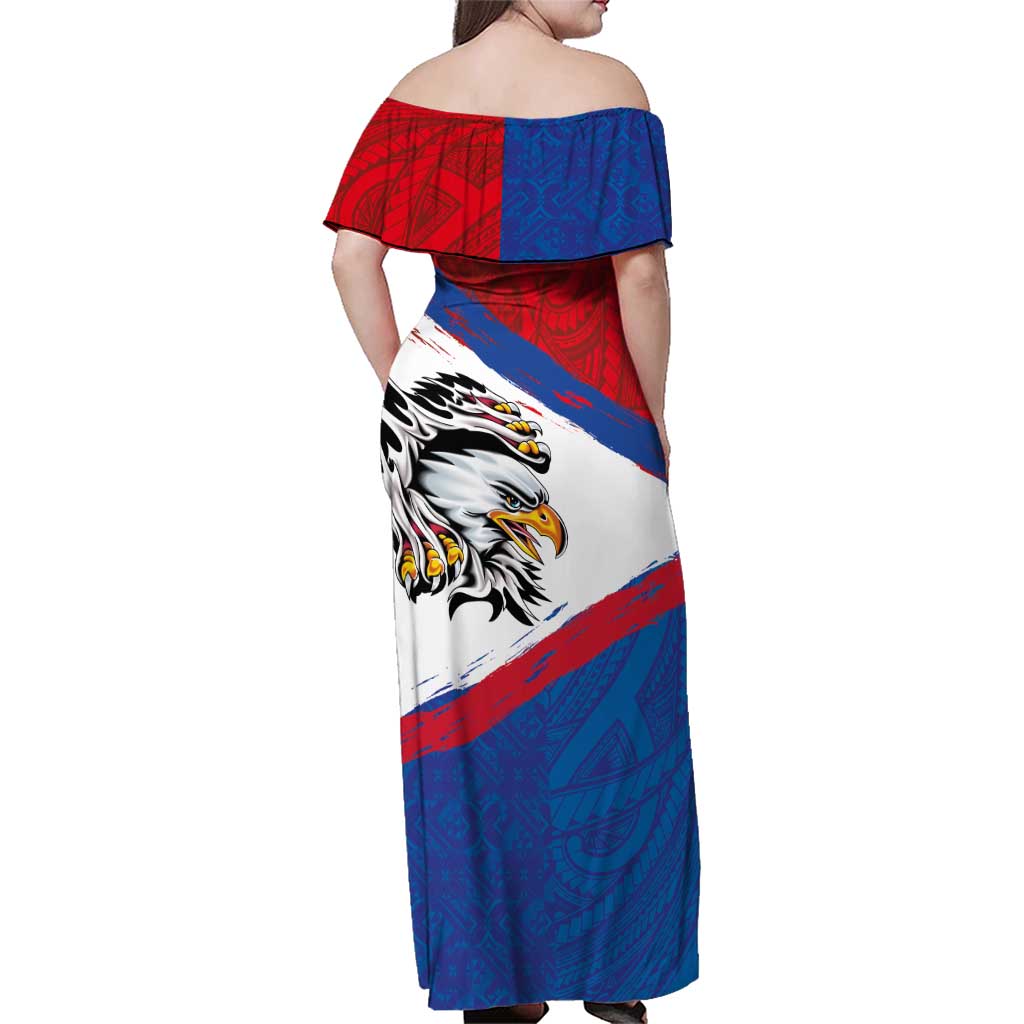 American Samoa Flag Day Family Matching Off Shoulder Maxi Dress and Hawaiian Shirt Polynesian Art Geometric with Flag Brush Style