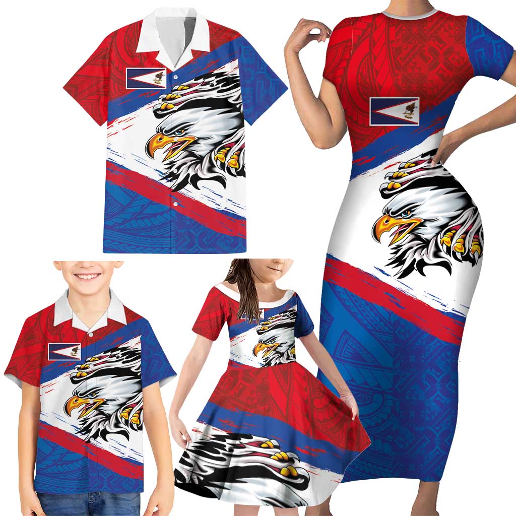 American Samoa Flag Day Family Matching Short Sleeve Bodycon Dress and Hawaiian Shirt Polynesian Art Geometric with Flag Brush Style